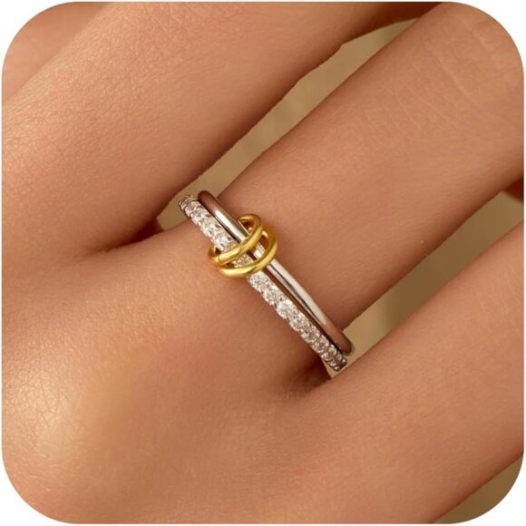 925 Sterling Silver Intertwined Ring Set with CZ for Mother/Daughter Gift - Picture 1 of 7